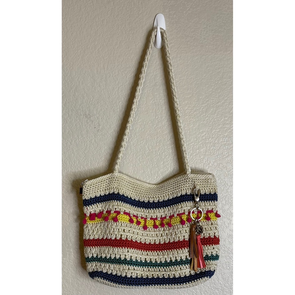 The Sak Womens Medium Shoulder Bag‎ Multi Color Striped Crochet Pom Pom Tassels
